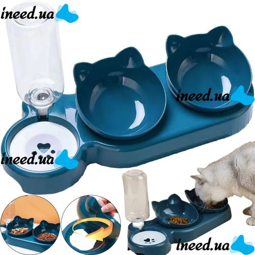 Тройная кормушка для воды с кормом Cat Bowl with Water Dispenser с автоматической поилкой 500мл для собак и кошек, Поилка с двумя мисками для корма