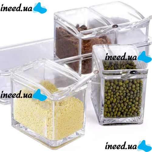 Набор емкостей для хранения специй и приправ Crystal Seasoning Box на 4 отсека, акриловый органайзер, баночки для сыпучих продуктов с подставкой