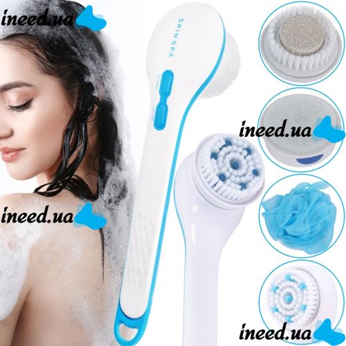 Spin Spa 5-in-1 massage brush for washing and cleansing the face and body, electric massager for shower, bathtub, massager brush with replaceable nozzles White