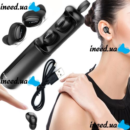 Беспроводные Bluetooth наушники с кейсом Awei T5 Black вакуумные наушники-гарнитура с шумоподавлением и микрофоном блютуз в чехле док-станция Черные