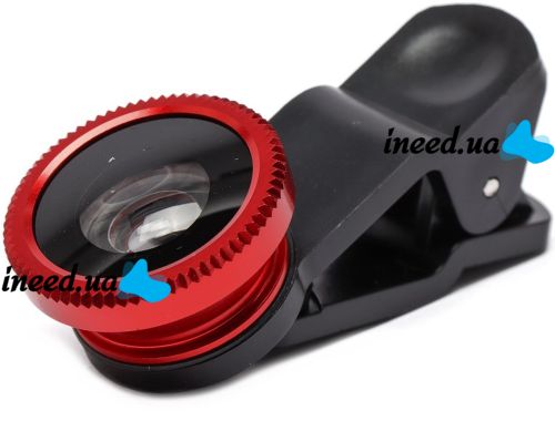 Линза с прищепкой для съемки Fish Eye Lens Y-12 3 в 1 набор объективов для фото и видео на телефон, панорамный рыбий глаз макросъемка Y12 Красный