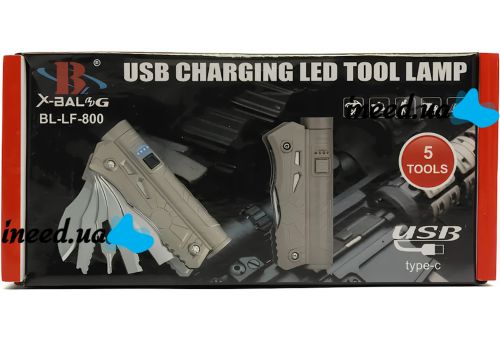 Мультитул с фонарем X-Balog BL-LF-800 5 в 1 аккумуляторный ручной LED фонарик с Power Bank туристический набор инструментов для выживания USB
