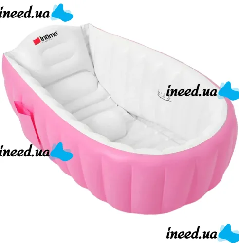 Надувная детская ванна для купания Intime Baby Bath Tub JS033 противоскользящая ванночка с подушкой, сливом и насосом для малышей Розовая YT-226A