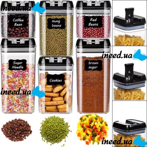 Набор контейнеров для сыпучих продуктов Food Storage Container Set 6 емкостей, прозрачные контейнеры с крышками для хранения пищевых продуктов, круп