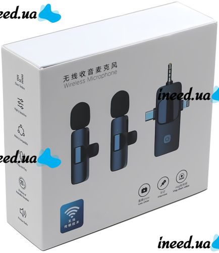 Петличный двойной микрофон Wireless Microphone K15 петличка с прищепкой на одежду 2 микрофона Type-C Lightning с шумоподавлением для блогера K-15