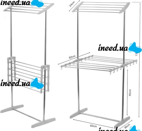 Двухуровневая раскладная сушилка для белья Mobile Folding Racks напольная вертикальная складная вешалка, стойка сушка для одежды до 40 кг Серая