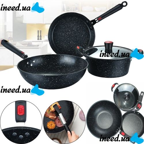 Кухонный набор посуды Longziwei WOK HH23-005 2 сковородки и казанок для приготовления еды 3в1, Казан и сковорода с антипригарным покрытием MAG-782