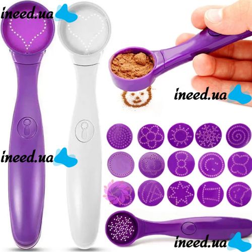 Декорирующая ложечка для кофе и блюд Magic Spice Spoon 16 узоров, Ложка для декорирования с насадками трафаретами для украшения латте от батареек