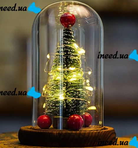 Новогодняя елка в стеклянной колбе 15 см Christmas Light с LED гирляндой и шарами, настольный декоративный рождественский ночник на батарейках