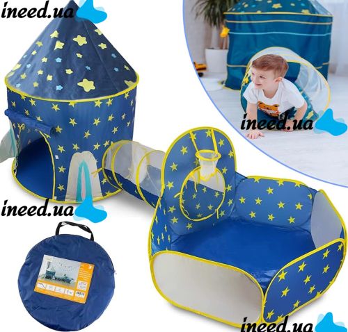 Children's Play Tent Castle Beautiful Cubby house 3 in 1 for Children with Tent House, Tunnel and Dry Pool, Prefabricated Teepee with Bag Blue