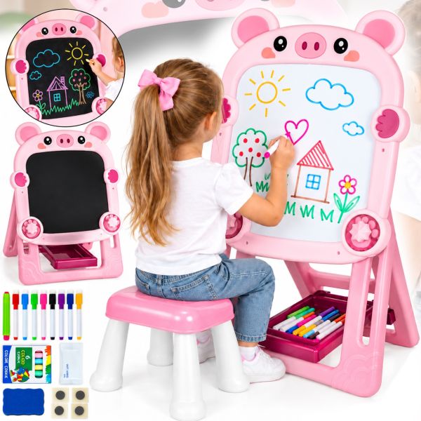 Детский двухсторонний мольберт Happy BLB-Toys FBP1 набор для рисования маркером мелом, магнитная доска с табуретом для творчества от 3-х лет Розовая