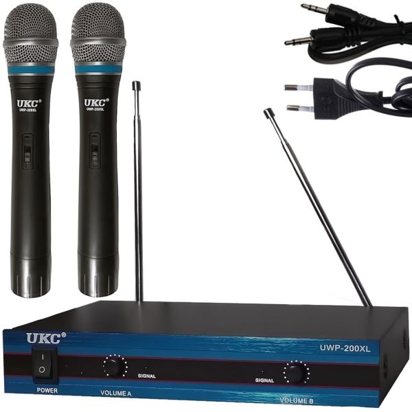 DM UWP-200 XL Radio System 2 Battery-powered Microphones for Vocals and Karaoke 21x14x43.5 cm Professional Desktop Base with Mains Antennas Black