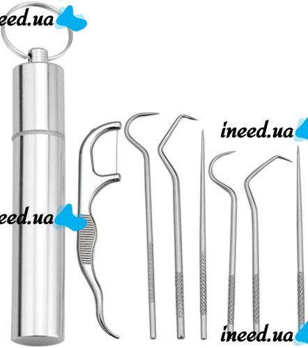 Dental Toothpick Set 7 in 1 Portable Set of Dental Cleaning Tools for Oral Care in a Metal Case