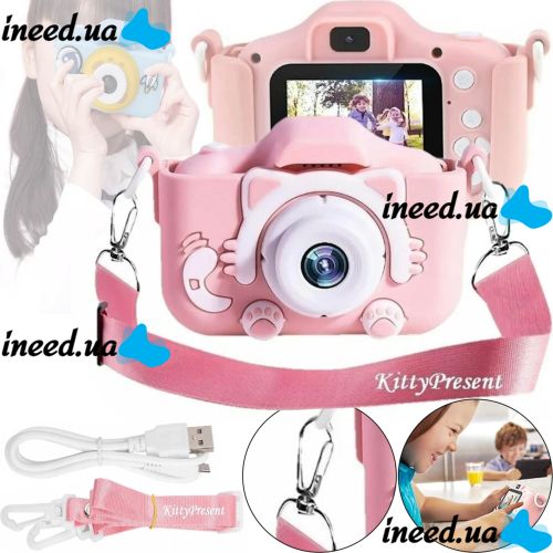 Детский цифровой фотоаппарат Smart kids Kitty XO XJ01 с селфи камерой и видео съемкой 600mAh, Камера Котик 2" с встроенными играми для детей Розовый