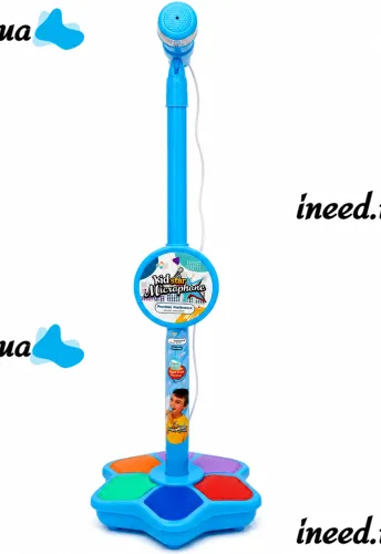 Детский микрофон Kid Star Microphone 5350A на регулируемой стойке с подсветкой, караоке со звуковыми эффектами и МР3 для детей от 3-х лет Голубое