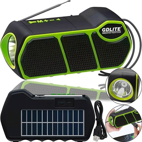 Беспроводная Bluetooth колонка фонарь Solar GDLite GD-11 1500 mAh с солнечной панелью, Аккумуляторный радиоприемник с фонариком FM Power Bank Зеленый