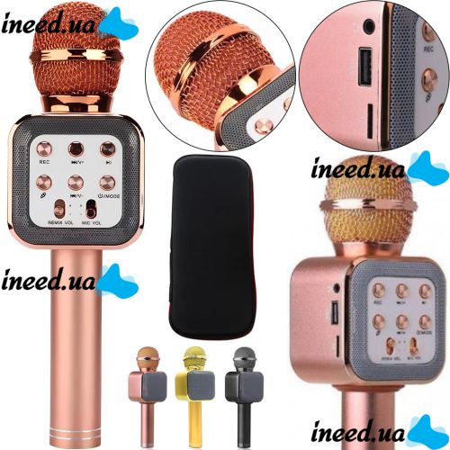 Беспроводной микрофон караоке Wster WS-1818 Bluetooth USB AUX FM со встроенной колонкой и функцией изменения голоса на аккумуляторе в чехле Розовый