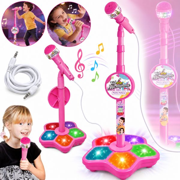 Детский микрофон Kid Star Microphone 5352A на регулируемой стойке с подсветкой, караоке со звуковыми эффектами и МР3 для детей от 3-х лет Розовое