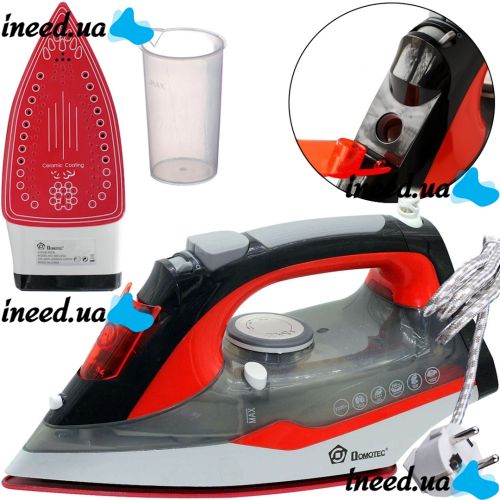 Electric Steam Iron Domotec MS-2202 with Water Tank 2200W Teflon Sole with Steam and Dry Ironing Mode for Clothes MS2202 Red