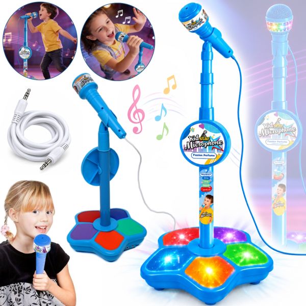 Детский микрофон Kid Star Microphone 5350A на регулируемой стойке с подсветкой, караоке со звуковыми эффектами и МР3 для детей от 3-х лет Голубое