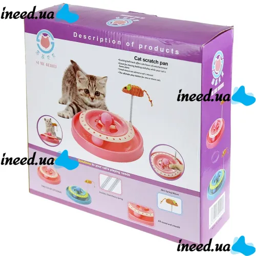  Интерактивная игрушка дразнилка для кошек с двумя мячиками и мышкой Si Mu Beibei Cat Scratch Pan, Игровой трек для котов с 2 шариками Розовый
