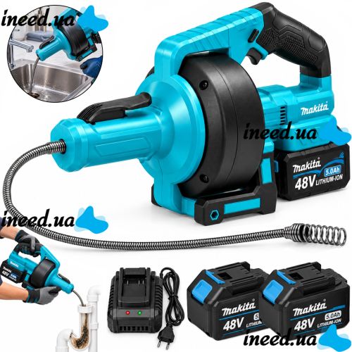 Аккумуляторная прочистная машина Makita DBU108Z 48V трос 7 м с 2 АКБ для прочистки труб и канализации, беспроводная машинка для устранения засоров