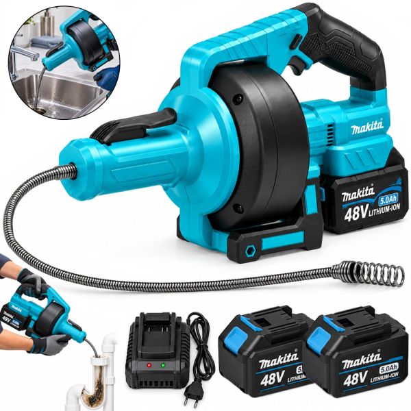 Аккумуляторная прочистная машина Makita DBU108Z 48V трос 7 м с 2 АКБ для прочистки труб и канализации, беспроводная машинка для устранения засоров