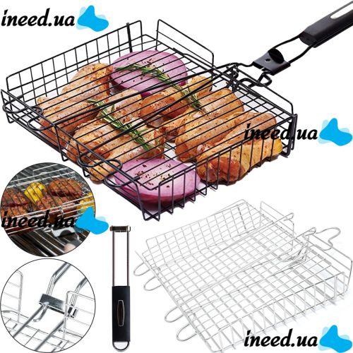 Универсальная решетка гриль для мангала Broil King MAG-770 32x22 см со съемной ручкой, Корзина сетка для барбекю из нержавеющей стали Серебристая