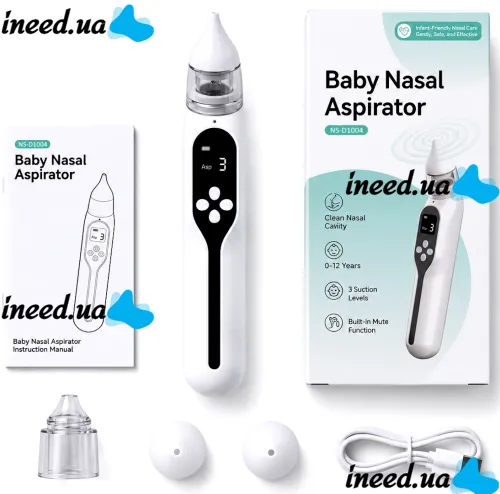 Детский аккумуляторный назальный аспиратор Baby Nasal Aspirator NS-D1004 электрический соплеотсос для носа с насадками и встроенной музыкой от USB