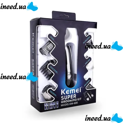 Rechargeable electric shaver, clipper, Kemei KM-600 trimmer for cutting hair, beard, nose and ears, 11 in 1 body kit with attachments, razor trimmer